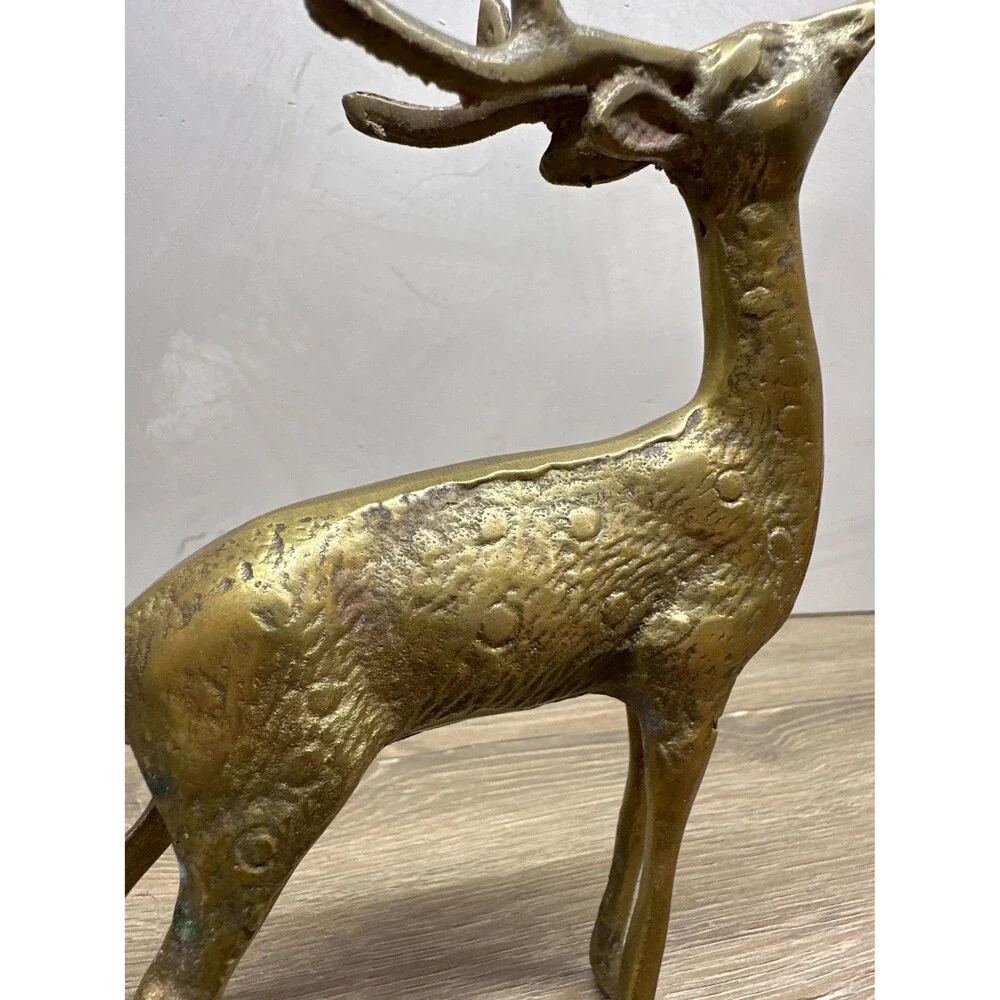 Vintage MCM Solid Brass Spotted Deer Figurine, Christmas Reindeer Decor, 6.5x5 I